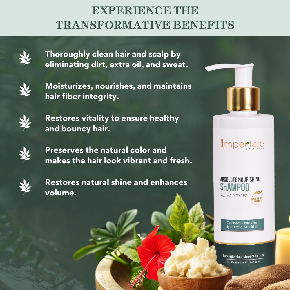 Imperiale Botanique Absolute Nourishing Hair Shampoo | FDA Approved | Bhringraj, Rosemary & Silk Protein | For Thicker, Stronger Hair | Restore Vitality, Promotes Hair Growth | Adds Shine | All Hair Types | 15 Herbs, 250 ML