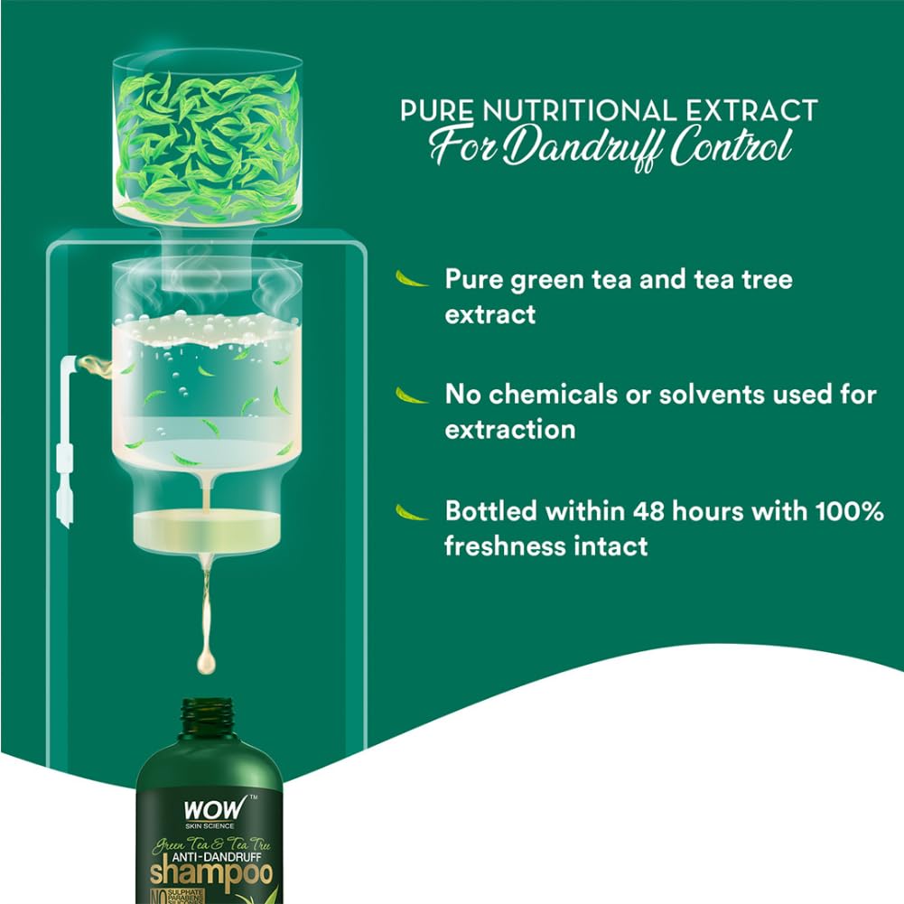 Wow Skin Science Green Tea & Tea Tree Anti-Dandruff Shampoo - No Sulphates, Parabens, Silicones, Color & Peg - 300 Ml