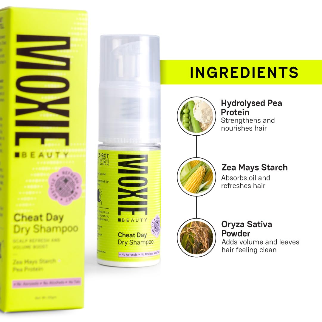 Moxie Beauty Cheat Day Dry Shampoo With Brush | Instant Oil Absorption & Volume Boost | No White Cast | Refreshes Hair Between Washes | For All Hair Types | 30g