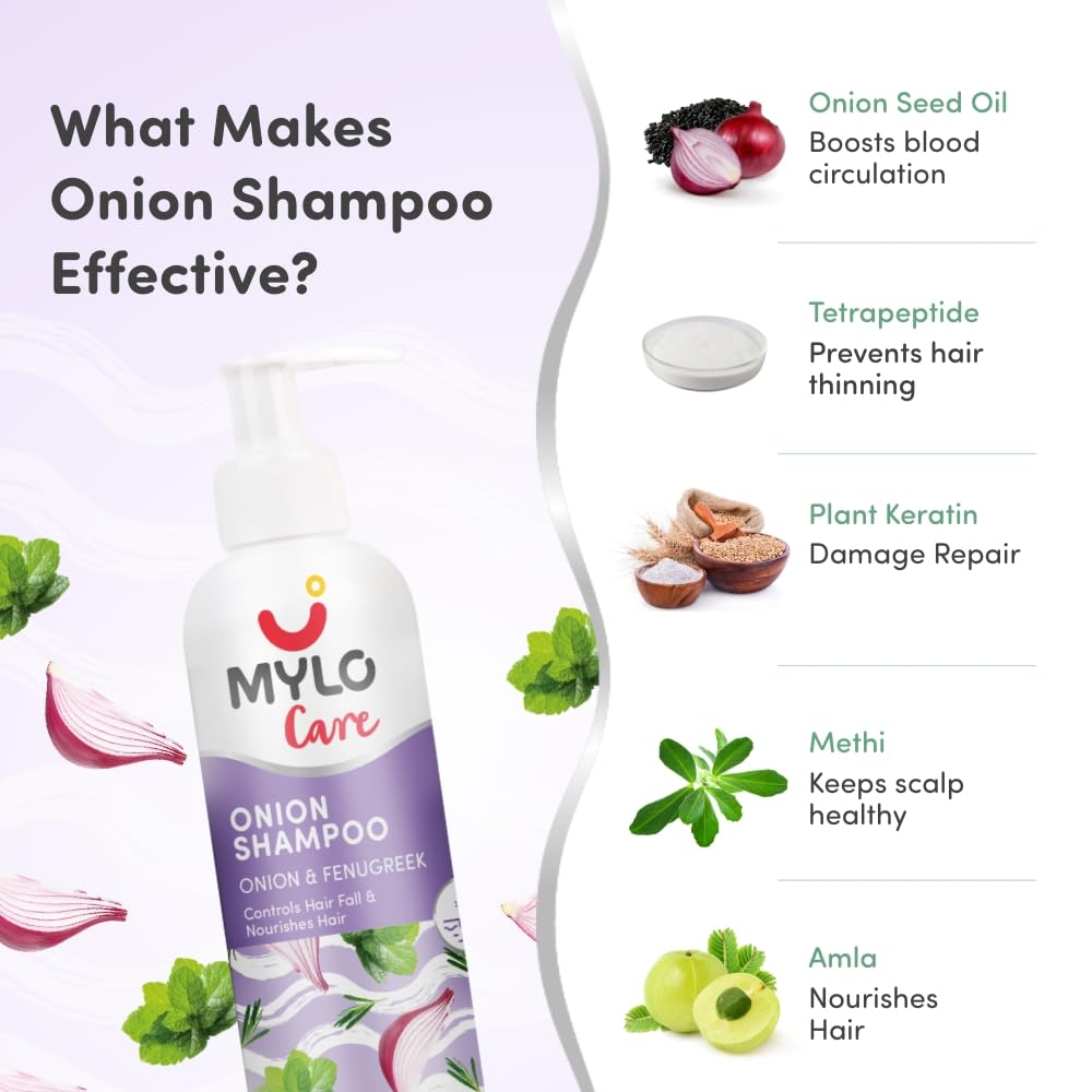 Mylo Care Anti Hair Fall Combo (Onion Oil & Onion Shampoo) 200 ml Each| Contains Bhringraj, Vitamin E, Argan Oil, Onion Seed Oil| Controls Hairfall & Nourishes Hair Roots