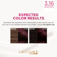 L'Oréal Paris Permanent Hair Colour, Radiant At-Home Hair Colour with up to 100% Grey Coverage, Pro-Keratin, Up to 8 Weeks of Colour, Excellence Crème, 3.16 Burgundy, 72ml+100g (Pack of 2)