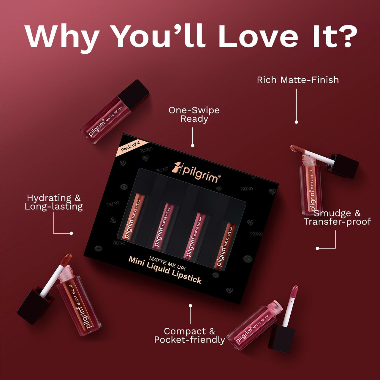 Pilgrim Matte Mini Liquid Lipstick 4 in 1 Pack Smudgeproof, Hydrating & Lightweight (Always on Top, 4 ml)