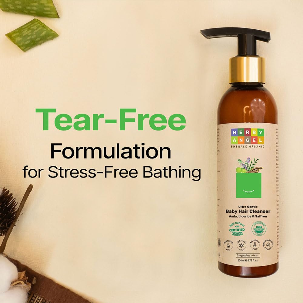 Herby Angel Baby Shampoo - Gentle Baby Hair Care & Cleanser - Natural Cleansing with Licorice, Amla & Saffron - Promotes Hair Growth & Scalp Health - Tear Free Organic Baby Hair Shampoo - 200 ml
