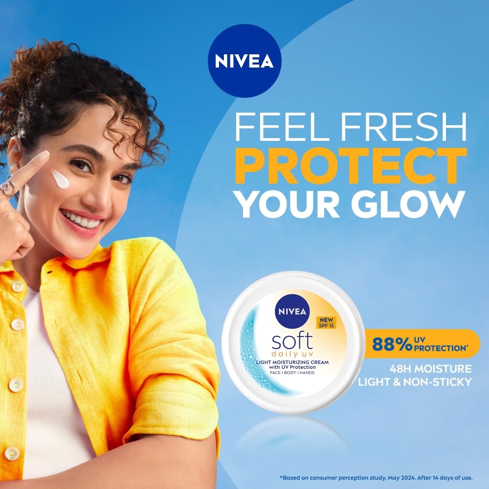 NIVEA Soft Daily UV Light Moisturising Cream with SPF-15, Vitamin E, Shea butter and Jojoba oil | Light Weight & Non Greasy | 48 H Hydration| UV Protection | All Skin types |100ml