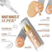 MyGlamm Super Serum Foundation - 201W Crepe, 33 Gm | Liquid Foundation With Hyaluronic Acid | 8 Hr+ Long Lasting & Hydrating Foundation With Spf 30 - Full, Matte, All Skin Type