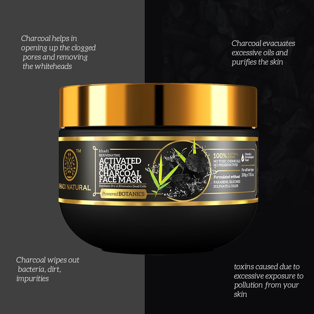 Khadi Natural Activated Bamboo Charcoal Face Mask | Face Mask for Removing Blackheads | Paraben, Silicone & Sulphate Free | Suitable for All Skin Types | Powered Botanics| 200 gm