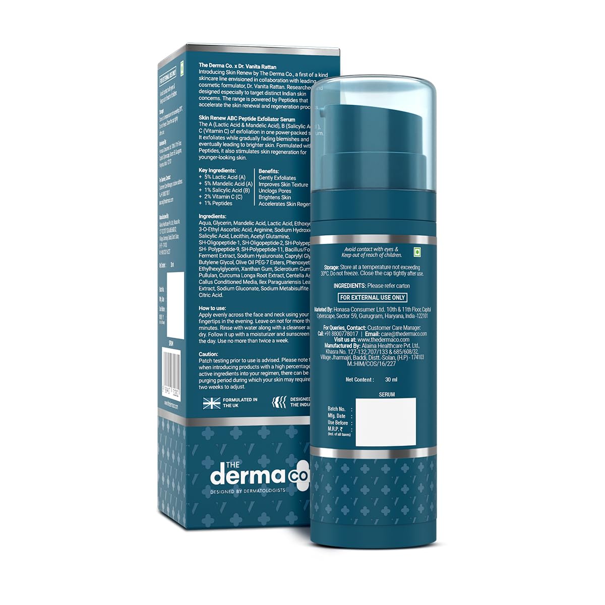 The Derma Co . X Dr.V Skin Renew Abc Peptide Exfoliator Serum With Mandelic Acid,Lactic Acid,And Peptides-30Ml|1% Salicylic Acid|Accelerates Skin Regeneration|Reduces Blemishes&Dark Spots