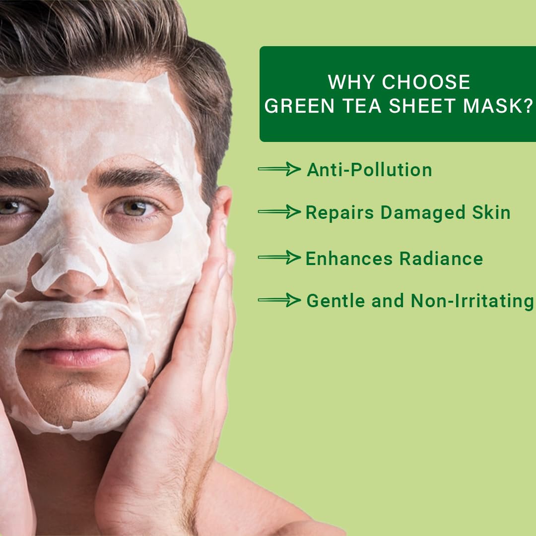 Mancode Green Tea Facial Sheet Mask 25ml Repairs Damaged Skin Purifies & Hydrates Pore Reducing, Brightening and Enhances Daily Glow | Korean Sheet Mask for Men Women Sheet Mask Set Combo Pack of 3