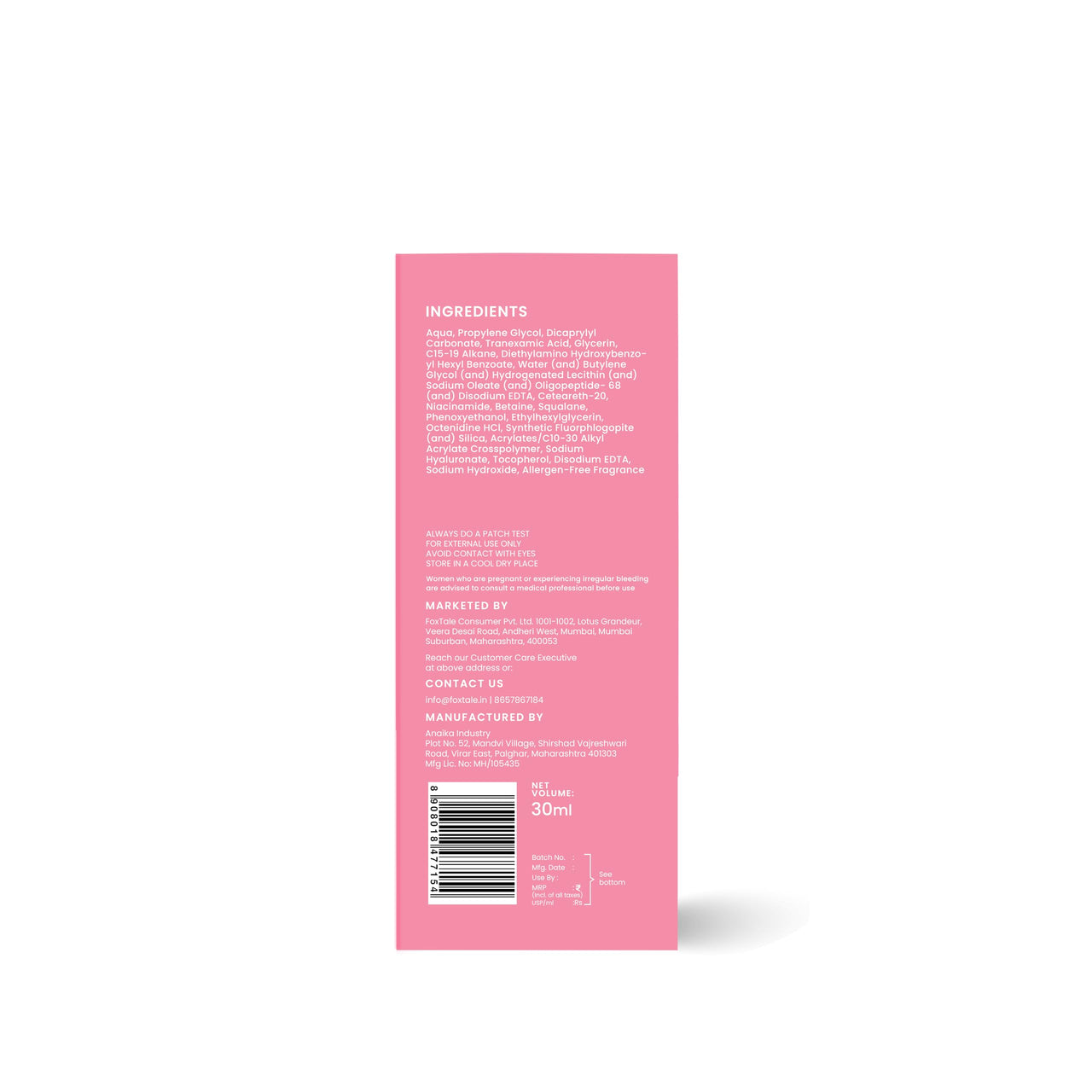 Foxtale 3% Tranexamic Acid Face Serum with Peptides & Niacinamide for Hyperpigmentation, Reduces Marks & Dark Spots, Evens Out Skin Tone, All Skin Types, Men and Women - 30 ml