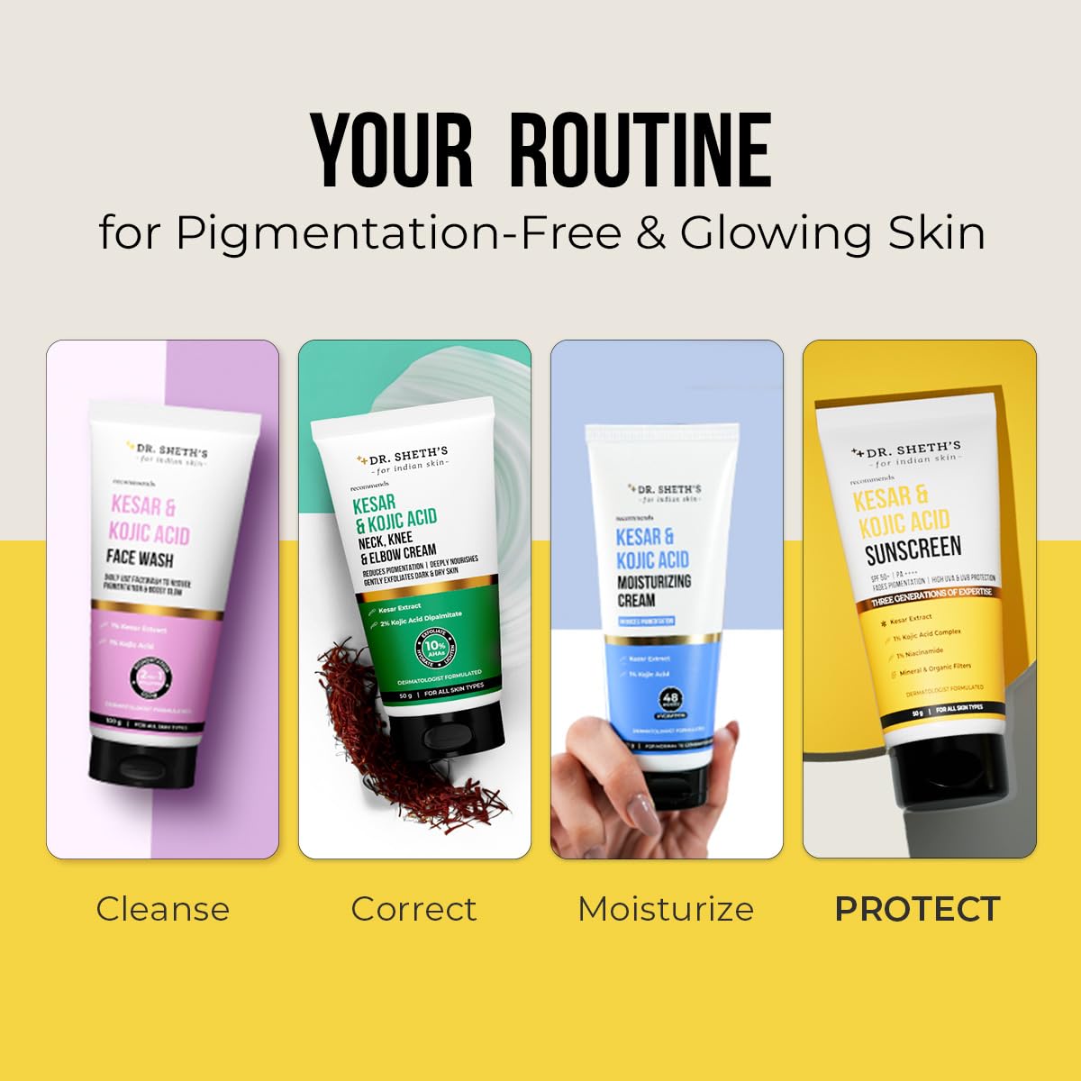 Dr. Sheth's Kesar & Kojic Acid Sunscreen with SPF 50 Pa++++ | For Pigtation-Free Skin | No White Cast & Light Weight | For Daily Moisturization | For All Skin Types | 80 g
