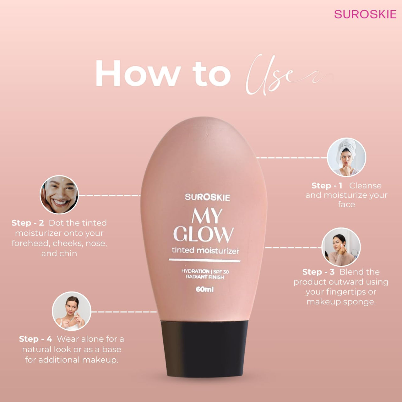 Suroskie My Glow All-In-One Tinted Sunscreen Spf 30 Moisturizer 60 Ml Light Shade | Natural Glowy Finish | Intense Hydration & Uva/Uvb Protection | Sweat Resistant | Niacinamide Cream For Men & Women
