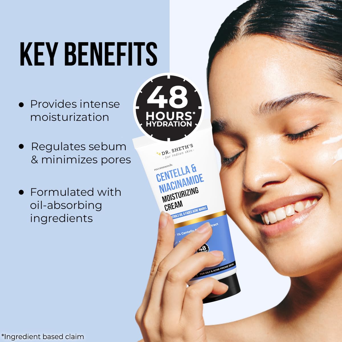 Dr. Sheth's Centella And Niacinamide Moisturizing Cream | For Oily & Acne Prone Skin | Fades Acne Marks & Controls Excess Oil | 48-Hour* Hydration | Lightweight, Fast Absorbing & Non-Sticky | 100G