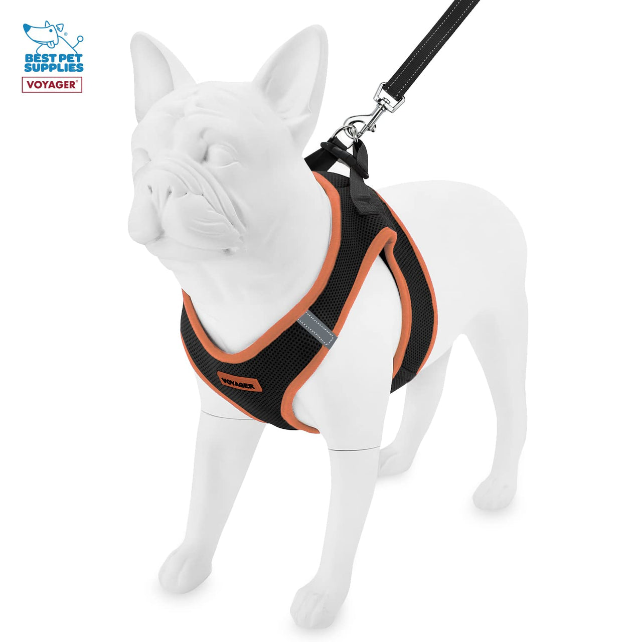 Voyager Step-in Air All Weather Mesh Harness and Reflective Dog 5 ft Leash Combo with Neoprene Handle, for Small, Medium and Large Breed Puppies by Best Pet Supplies - Black/Orange Trim, X-Small Harness Leash Bundle (Black/Orange Trim)