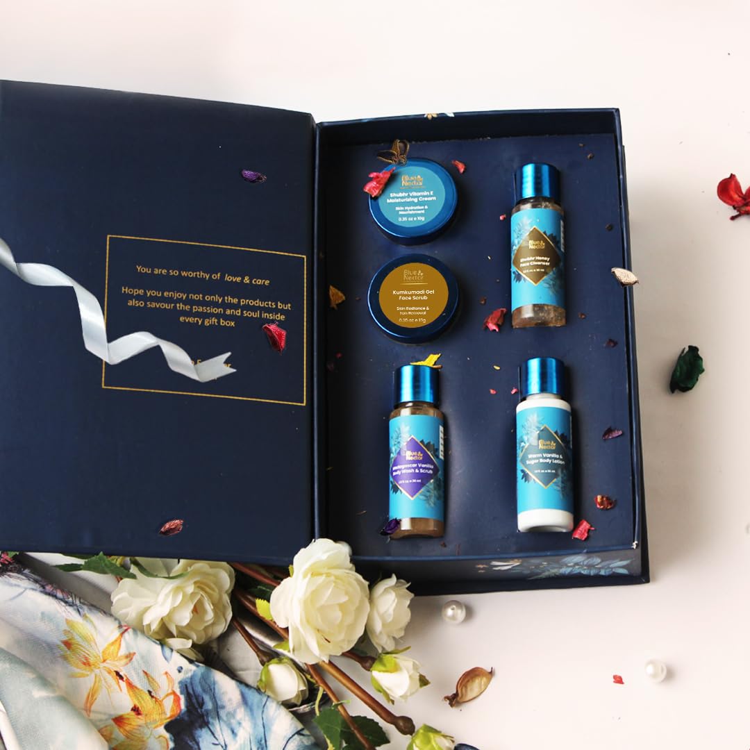 Blue Nectar Beauty Gift Box for Women & Men | Premium Face & Body Care Combo of Face Wash, Cream, Scrub, Body Wash & Body Lotion | Perfect Gift for Birthday & Anniversary | Pack of 5