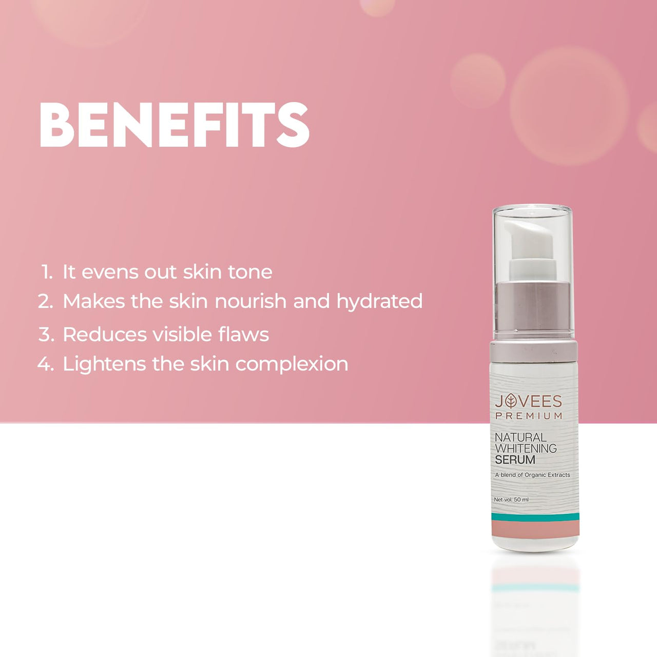 Jovees Premium Natural Whitening Serum | Gives Clear, Hydrated And Glowing Skin | And For All Skin Types | 50ml