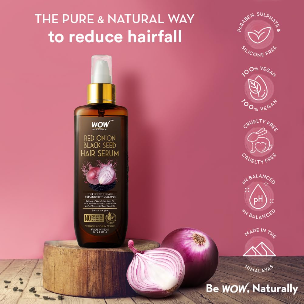 WOW Skin Science Red Onion Black Seed Hair Serum - with Red Onion Seed Oil Extract, Watercress - NON STICKY - for Frizz Control & Replenishing Dry, Dull Hair - No Parabens, Silicones & PEG - 100mL