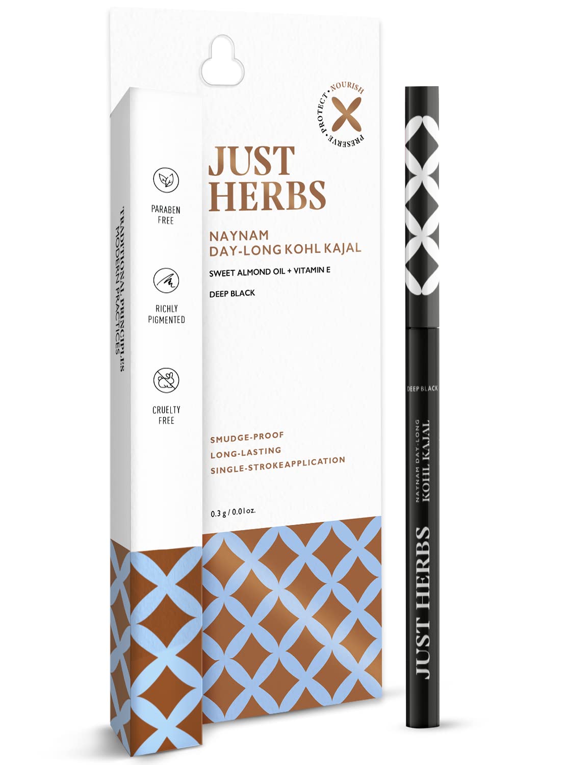 Just Herbs Retractable 2 in 1 Herbal Eyeliner + Kajal with Almond Oil & Vitamin E, 11 Hour Stay, Singlestroke, Smudgeproof & Fadeproof - Black 0.3g