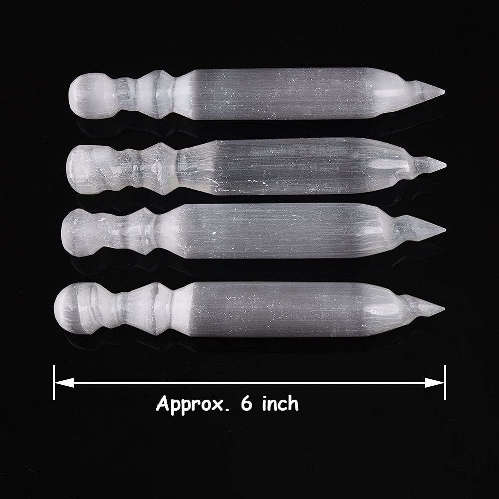JIC Gem 4 Pcs Selenite Wand 6 Inch Natural Spiral Selenite Sticks Crystal Point for Reiki, Healing, Meditation, Chakra, Positive Energy B-spiral4 Wand 6"