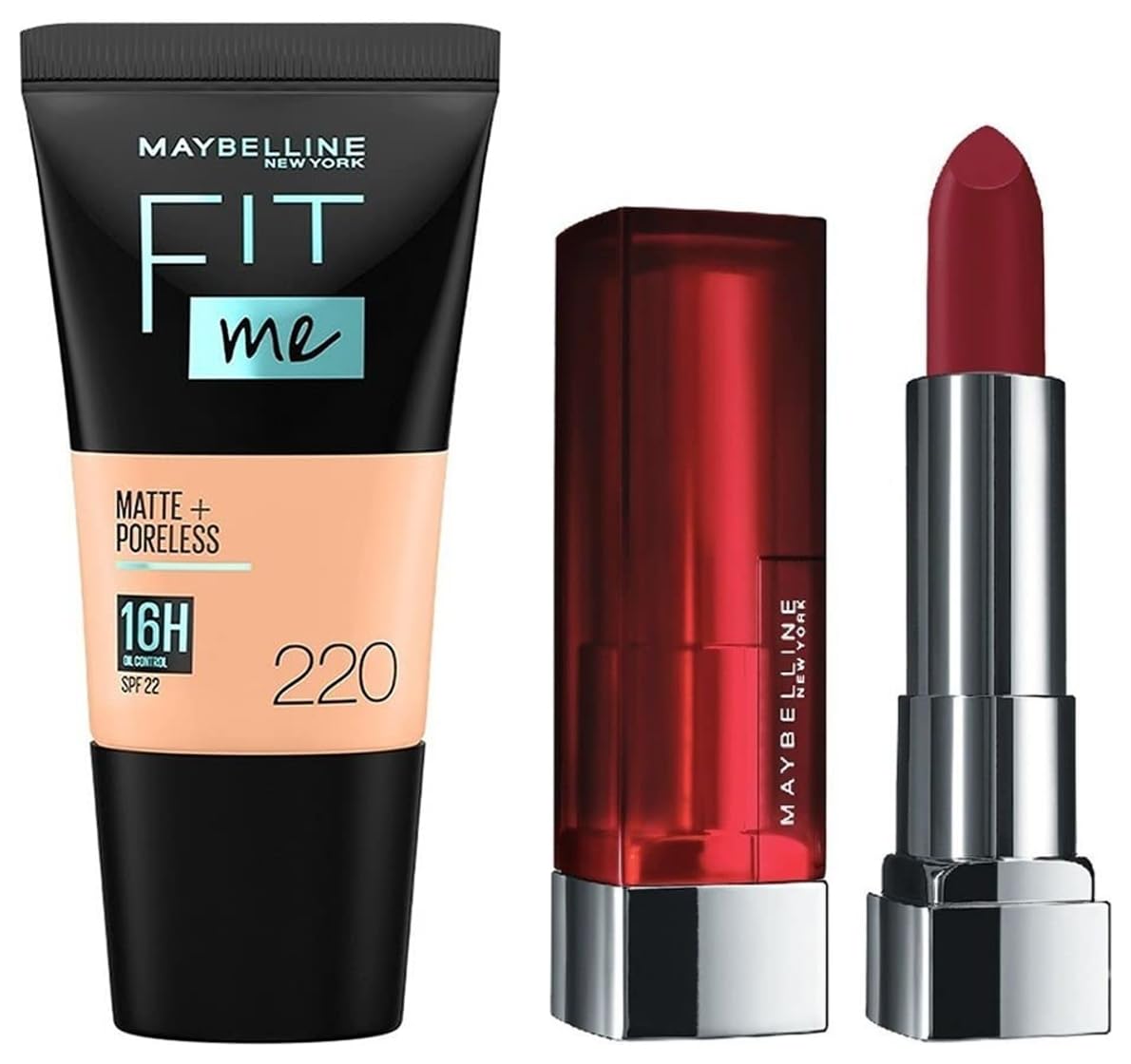 Maybelline New York Liquid Light Coverage Foundation For Oily Skin,Matte&Poreless,Fit Me,220 Natural Beige& Color Sensational Creamy Matte Lipstick,695 Divine Wine,3.9G.,Pack Of 1