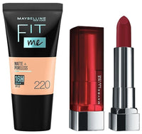 Maybelline New York Liquid Light Coverage Foundation For Oily Skin,Matte&Poreless,Fit Me,220 Natural Beige& Color Sensational Creamy Matte Lipstick,695 Divine Wine,3.9G.,Pack Of 1