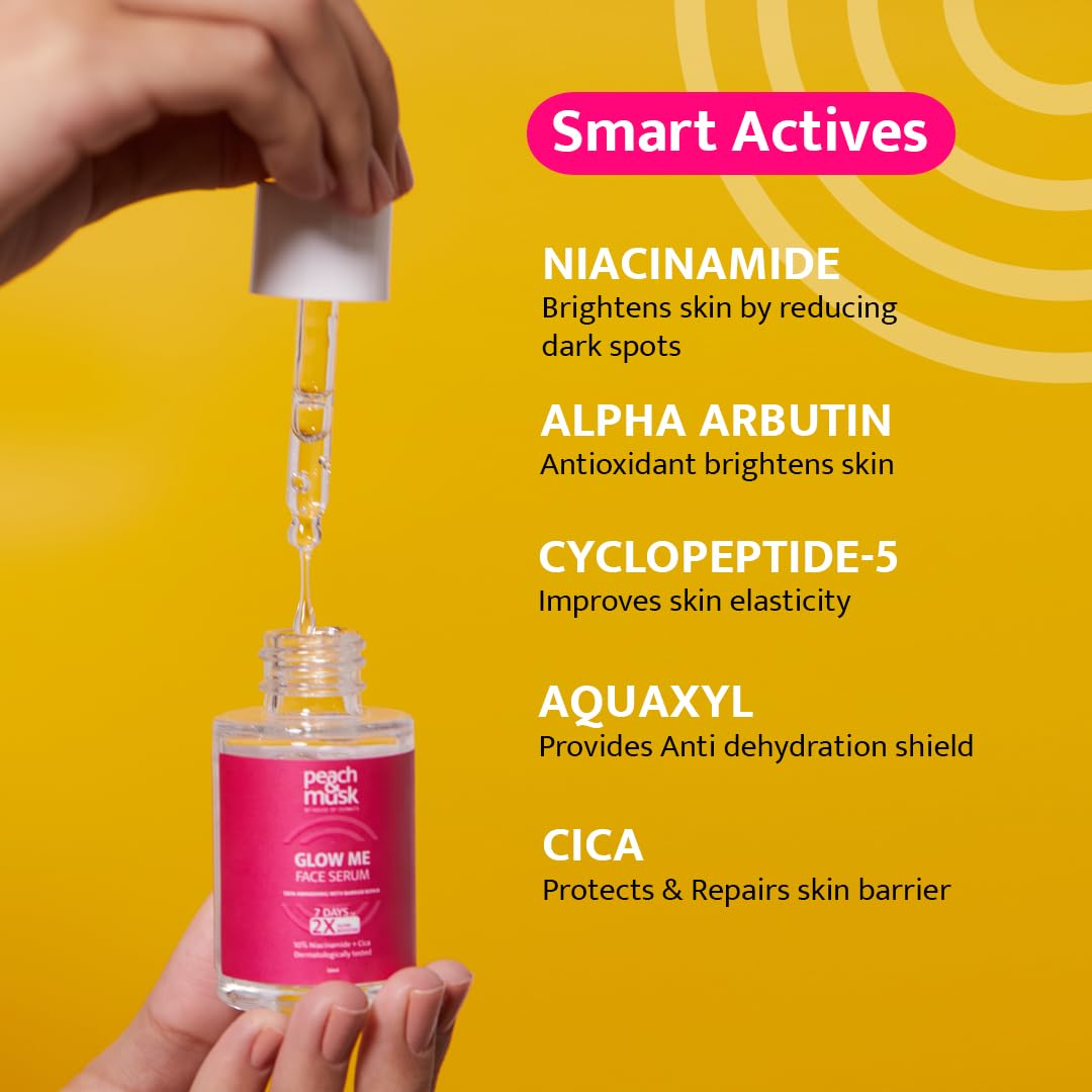 Peach and Musk Glow Me Face Serum with 10% Niacinamide & Alpha Arbutin, 2X Glow Booster, Repairs Skin Barrier, Reduces Pigmentation, Dark Spots, Blemishes & Pore Care for All Skin Types - 30ml