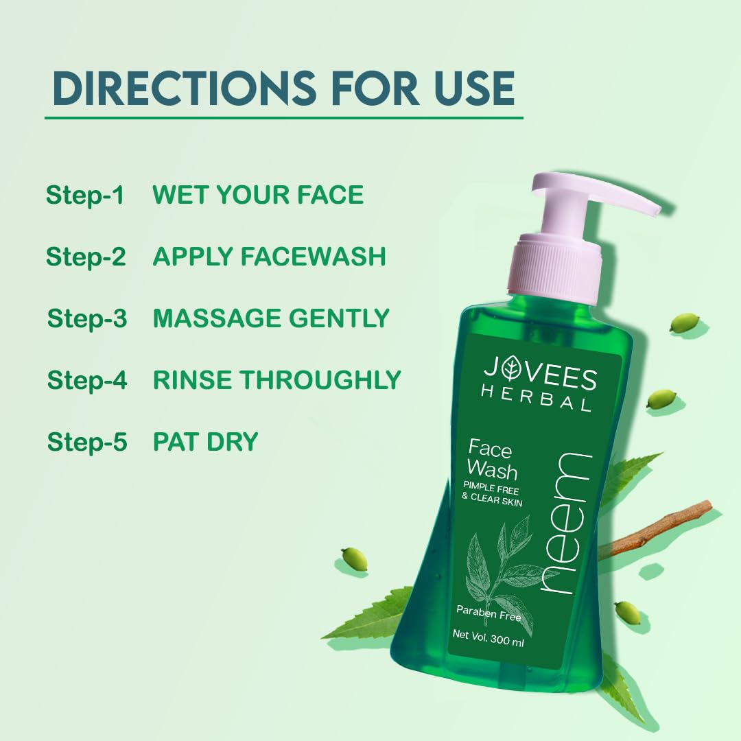 Jovees Herbal Neem Face Wash For Clear Skin with Neem & Tea Tree Ext | Gentle For Oily & Acne-Prone Skin | Controls Oil, Pimples and Dark Spots | Acne Control Cleanser For All Skin Type - 300ml