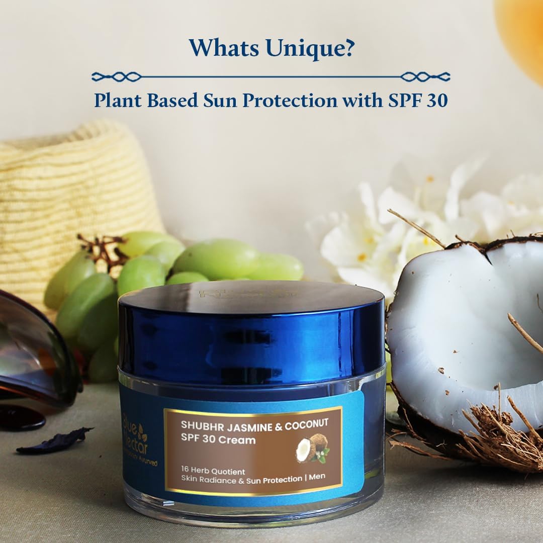 Blue Nectar Coconut Face Cream with SPF 30 Sunscreen for Men | Plant Based Oil Free Moisturizer for Face with Vitamin E | Brightening Sunscreen for Oily, Dry & Sensitive Skin (16 Herbs, 50g)