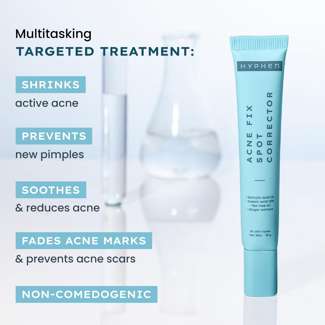Hyphen Acne Fix Spot Corrector for Acne Prone Skin with Salicylic Acid 1%, Azelaic Acid 10% | Shrinks active acne, Prevents new pimple, Soothes acne, Conceals Redness | For Men & Women - 15g