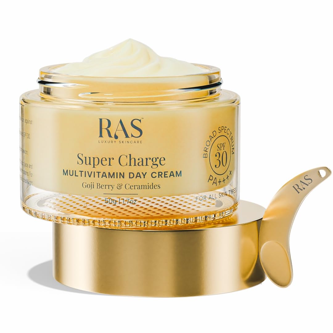 Ras Luxury Oils Super Charge Day Cream with SPF 30 PA++++ Goji Berry & Ceramides | Moisturizer for Glowing Skin with 72HR Hydration | For Skin Brightening | Normal, Oily, Dry & Combination Skin |50gm