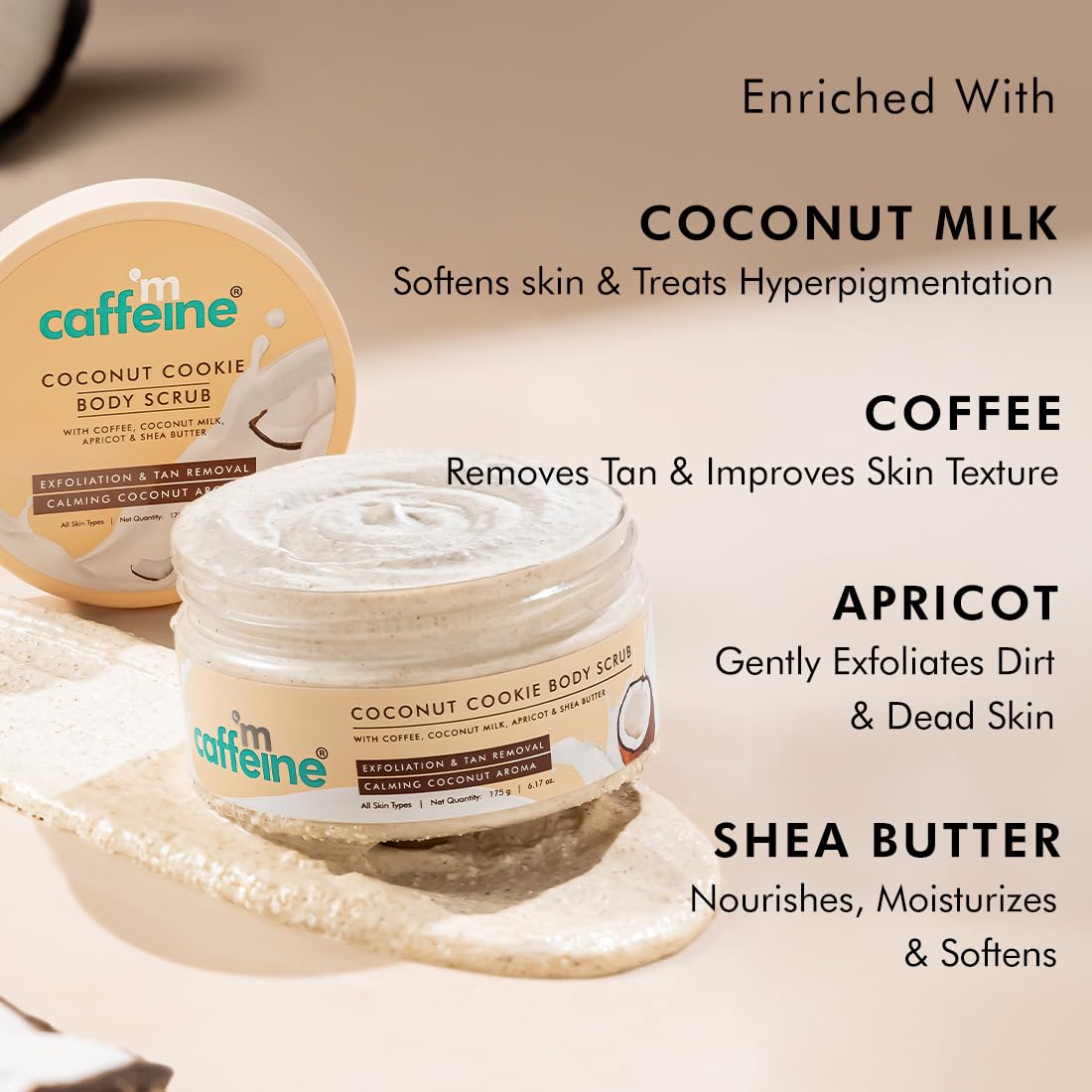 mCaffeine Coconut Cookie Body Scrub for Exfoliation & Tan Removal With Coffee, Milk, Apricot & Shea Butter | Reduce Skin Darkness | Calming Aroma | Glowing Skin for Men & Women - 175g
