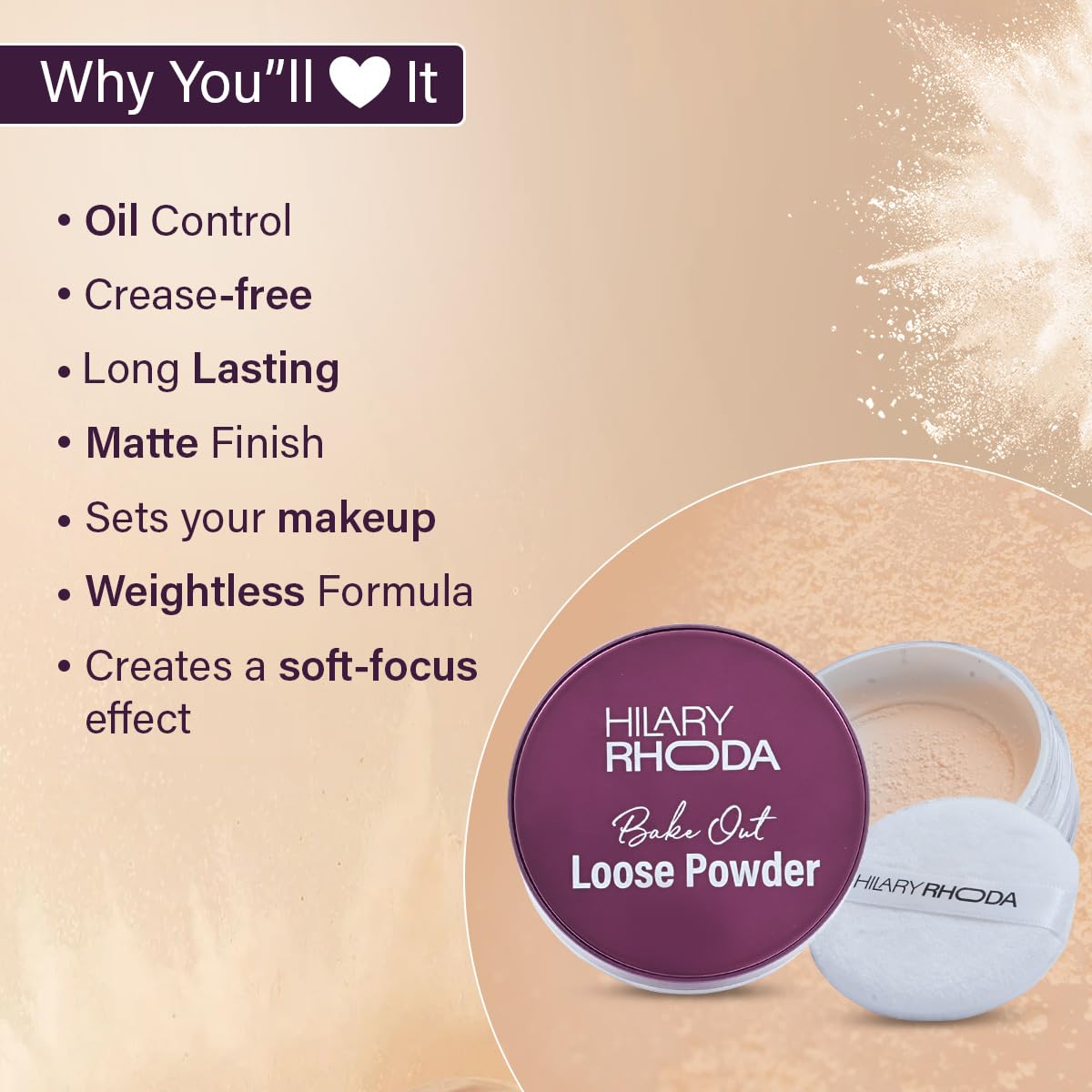 Hilary Rhoda Bake Out Loose Powder | Setting Loose Powder for Face | Matte Finish & Lightweight Loose Powder | Hides Imperfections | Oil Control Formula | 10gm (Banana | Shade 02)