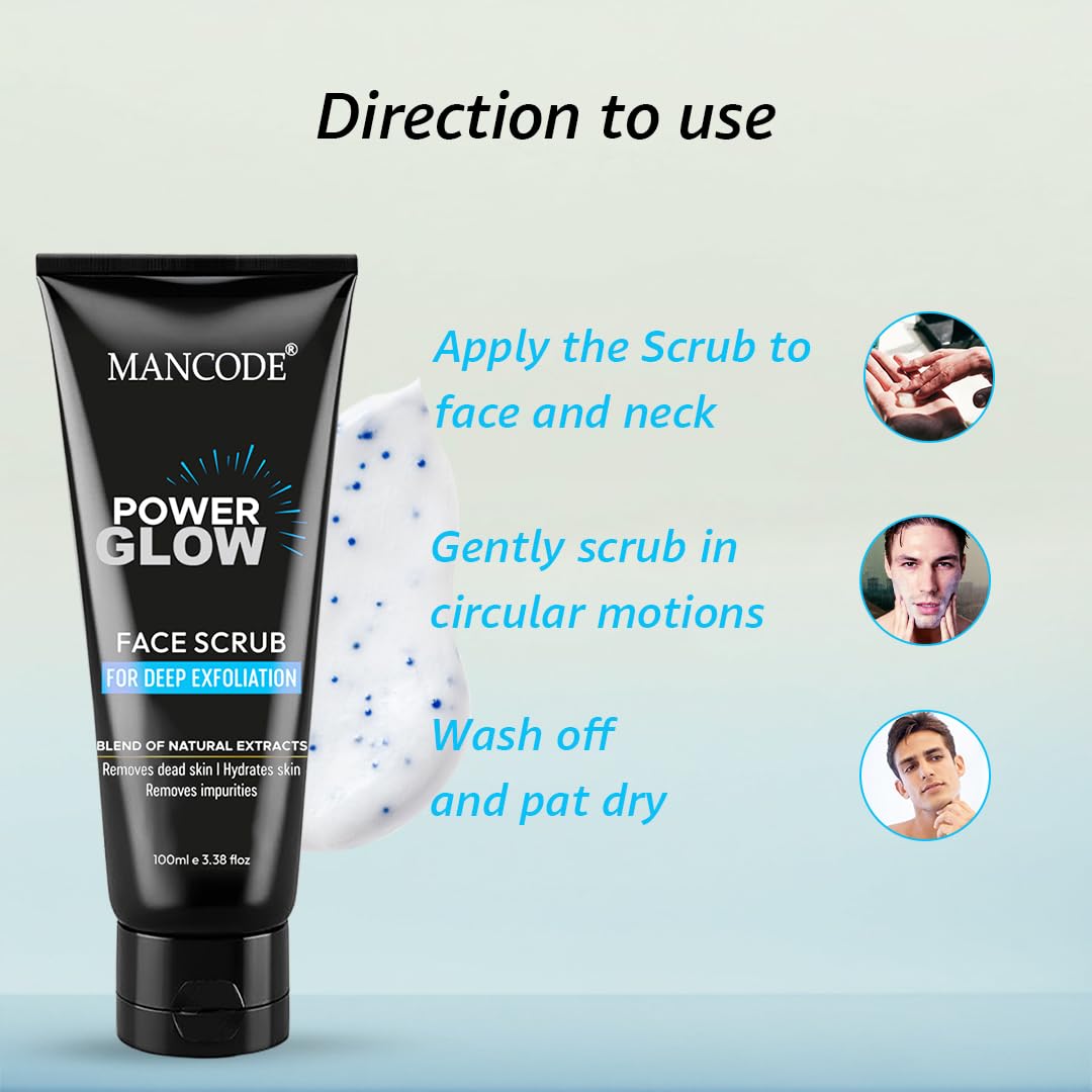 Mancode Power Glow Face Scrub for Men | Deep Exfoliation, Brightening & Hydrating | Removes Dead Skin & Impurities | Natural Ingredients with Saffron, Turmeric & Almond Oil | 100g
