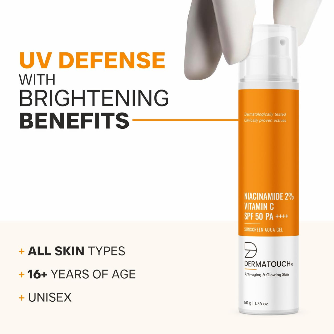 DERMATOUCH Niacinamide 2% Vitamin C Sunscreen for glowing skin | SPF 50+ PA ++++ | Quick Absorbing | Zero White Cast | 50g