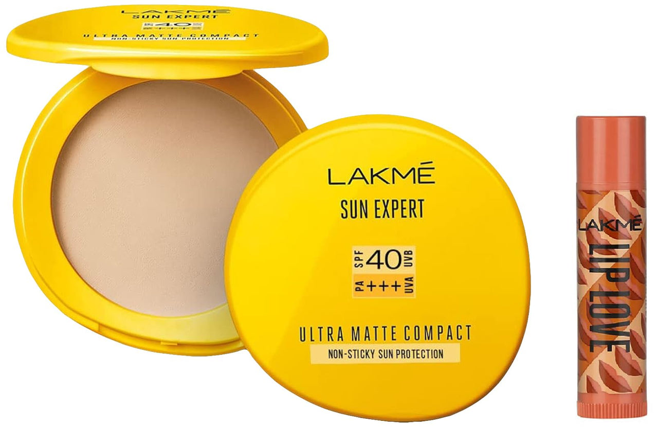 LAKMÉ Lip Love Chapstick Caramel SPF 15, 4.5g & Sun Expert Ultra Matte Spf 40 Pa+++ Compact, 7g For All Skin Type