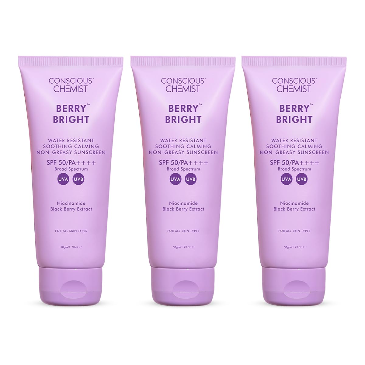 Conscious Chemist® Sunscreen SPF 50 PA++++ | 150g | Sunscreen for Oily Skin, Gel Sunscreen, Niacinamide with Black Berry Extract, Lightweight, Water Resistant, All Skin Types - Berry Bright