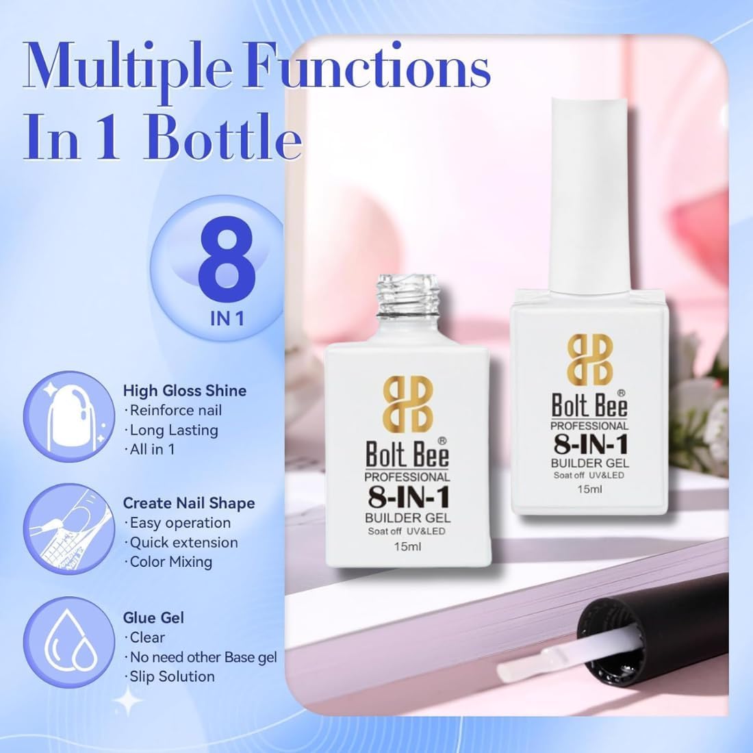 Bolt Bee 8-in-1 Nail Glue Gel – Builder Gel for Nail Extension, Repair, Strengthening, Apex Building, Blooming & Rhinestone Fixing – Soak Off UV/LED Gel, 15ml