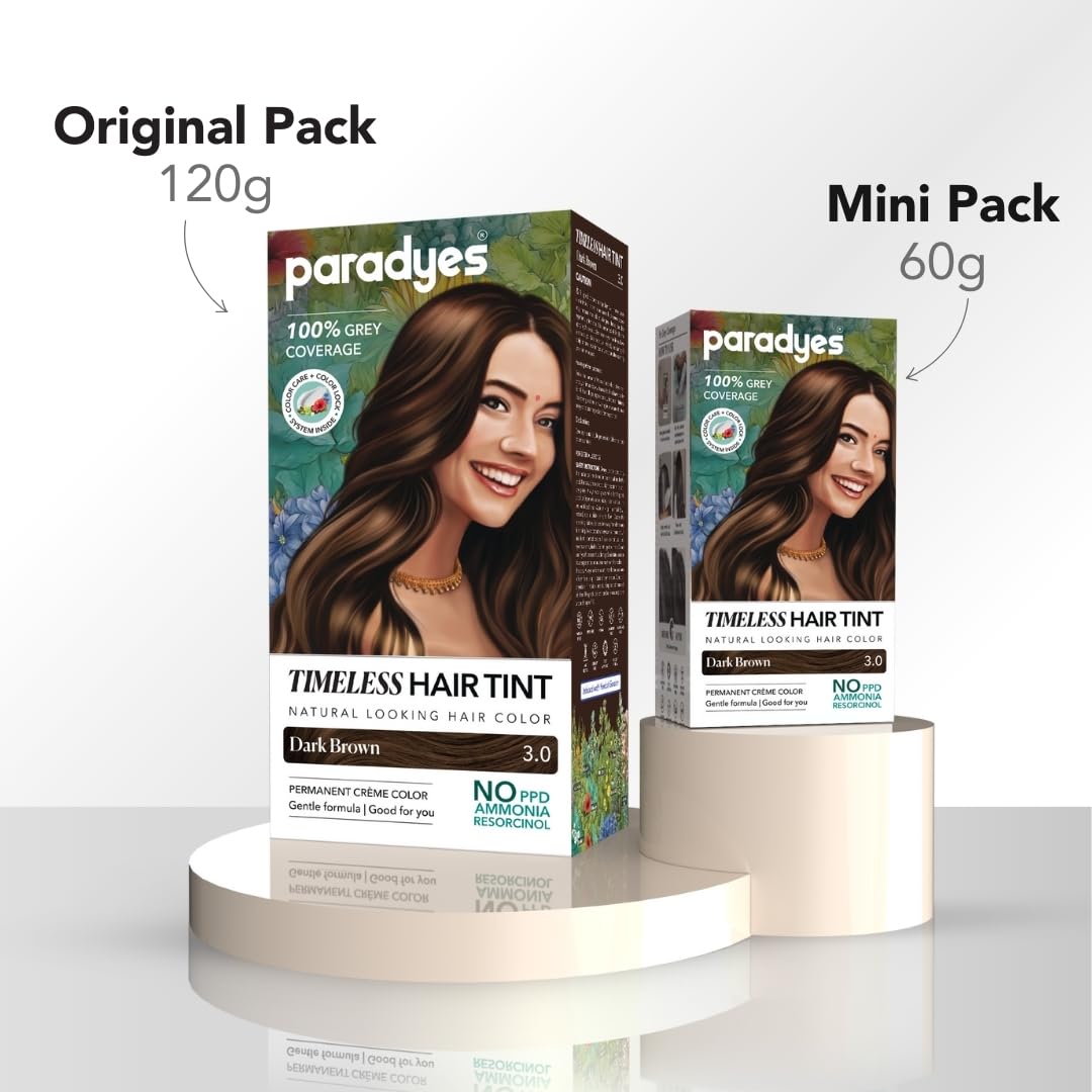 Paradyes Mini Dark Brown Timeless Hair Tint, Permanent Crème Hair Color for Hair & Beard, Complete Grey Coverage, Formula Free from PPD, Ammonia, & Resorcinol, 3.0 Dark Brown, 60 GRAM