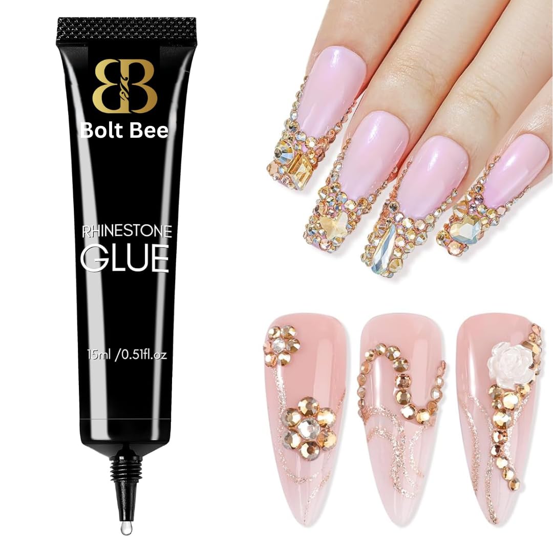 Bolt Bee Nail Rhinestone Glue Set - Gel Nail Glue for Rhinestones, 3D Art Design Super Strong Adhesive for Charm Gems Jewel Crystal Beads Diamonds 15g