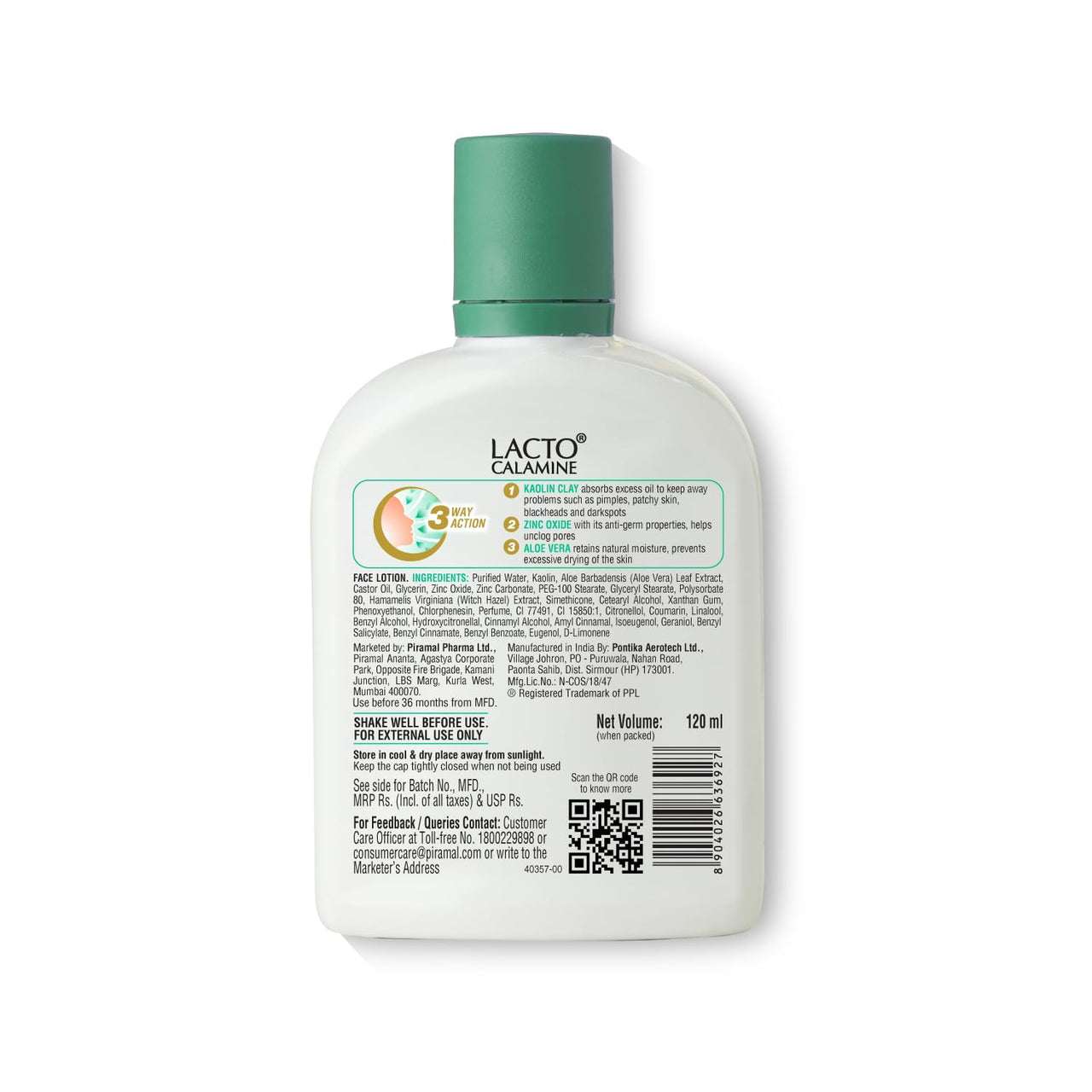 Lacto Calamine Face Lotion | 120ml | Daily Moisturizer For Face - Combination To Normal Skin | Kaolin Clay & Aloe Vera | Abosrbs Excess Oil | Fights Pimples, Darkspots & Blackheads | Body Lotion
