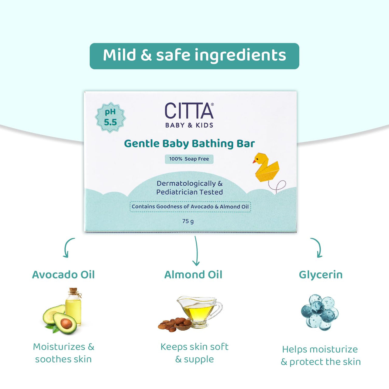 CITTA Gentle Baby Bathing Bar for Sensitive Skin | Newborn & Kids | Cleansing & Moisturizing | 100% Soap Free, Tear-Free,75 gm