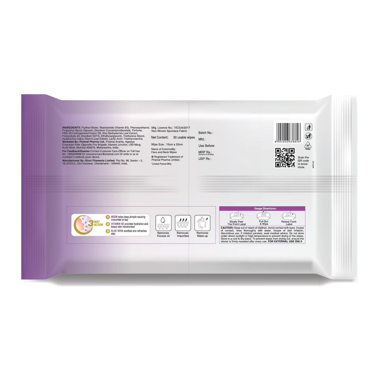 Lacto Calamine Oil Control Face Wipes | 30 N each- Pack of 2 | Wet Wipes for Face With Neem, Aloe Vera & Niacinamide | Makeup Remover Wipes | Hydrating, Refreshing, Soothing | Pararben & Alcohol Free