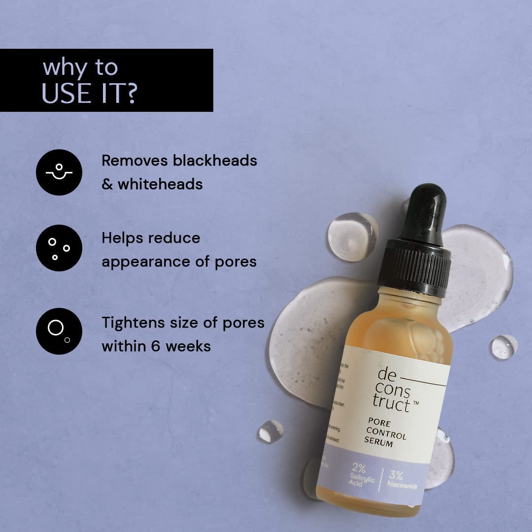 Deconstruct Pore Control Face Serum |2% Salicylic Acid 3% Niacinamide Serum For Acne, Acne Marks, Open Pores & Blackheads | Controls Oil | Beginner Friendly | 30ml