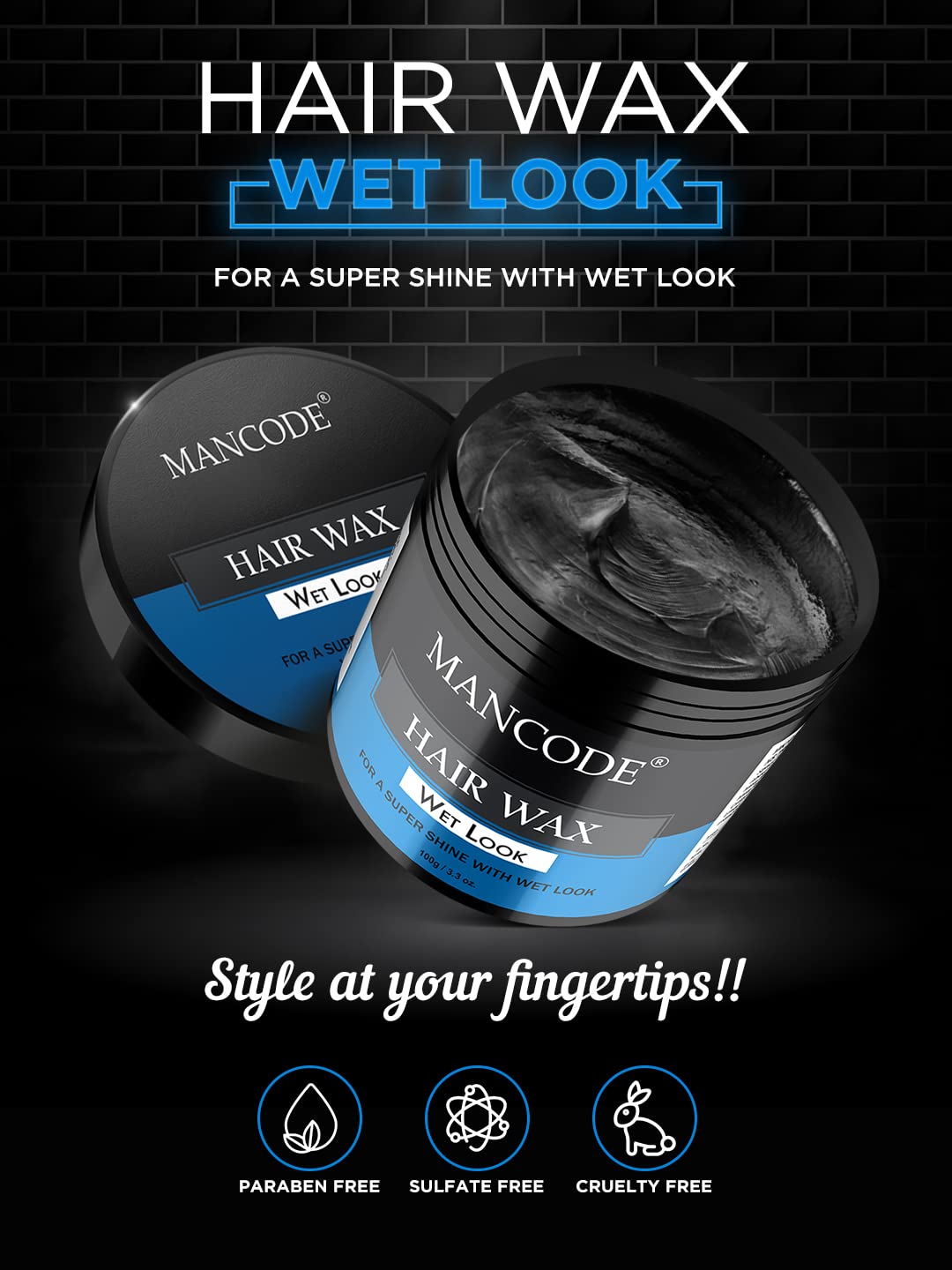 Mancode Wet Look Hair Wax 100 gm for MEN | Long Lasting Stylist Look | Glossy Finish | Shine | Restylable Anytime, Easy Wash Off | No Paraben, Sulphate, Alcohol & Harmfull Chemicals