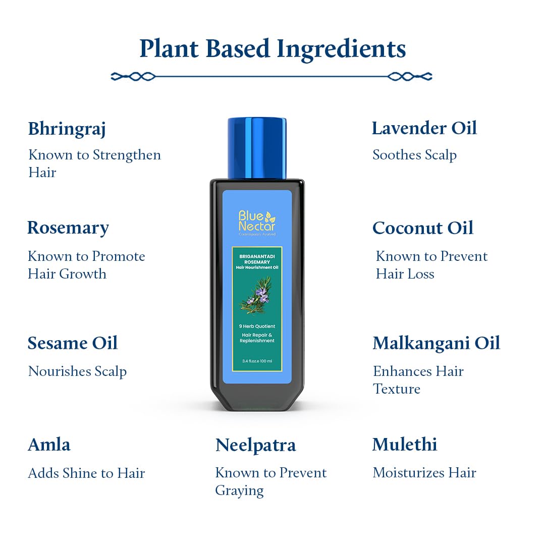 Blue Nectar Rosemary Oil for Hair Growth with Bhringraj Oil for Hair | Natural Alternate for Redensyl | Non- Sticky Ayurvedic Hair Oil with Amla Hair Oil (9 Herbs,200ml)