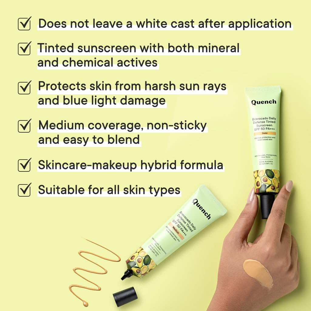 QUENCH BOTANICS Daily Defense Tinted Sunscreen SPF 50 PA+++ For Glowing Skin With Avocado & 2% Niacinamide, Blue Light Protection, Satin-Matte Finish, Made In Korea, Normal Skin (Deep, 50Ml)