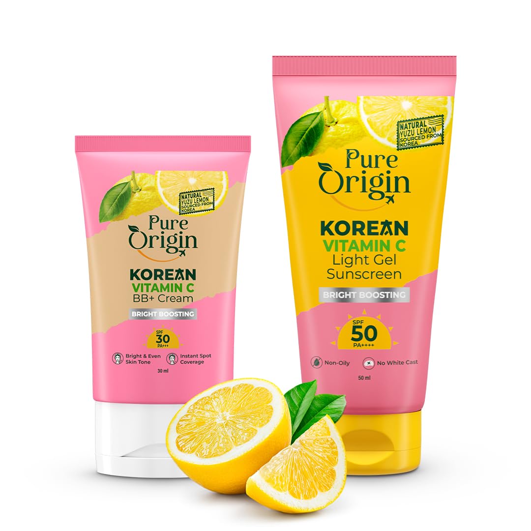 Pure Origin Korean Vitamin C Bright Boosting Light Gel Sunscreen 50 PA++++ & Bright Boosting BB+ Cream Combo | Light Gel Texture sunscreen, No White Cast | Non Irritant | for sun protection | Brighter and Glowing skin | For women and men | For all skin ty