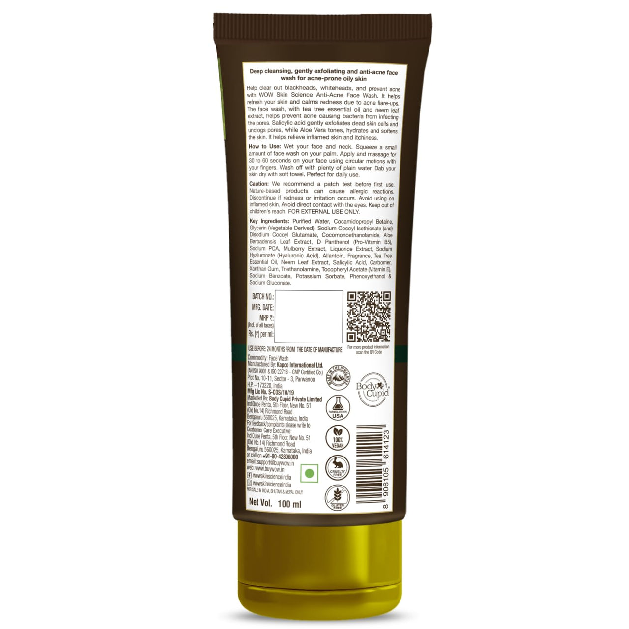WOW Skin Science Anti Acne Neem Face Wash | Neem Leaf Extract, Salicylic Acid, Tea Tree Oil | For Pimples | All Skin Types | Bright, Clear Skin | Paraben & Sulphates Free | 100 ml