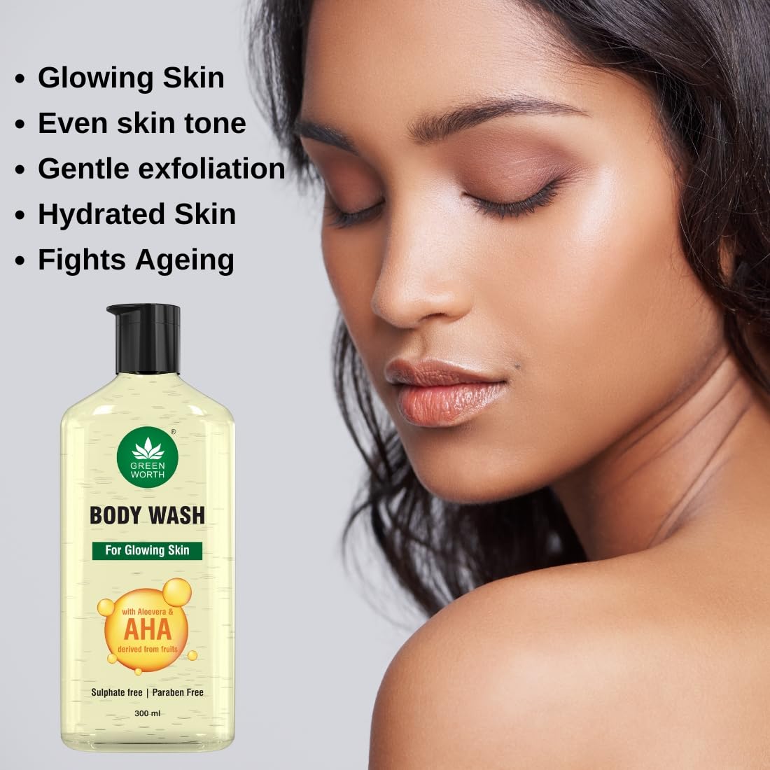 GREENWORTH Body wash for glowing skin with AHA and Aloevera | Hydrating and Gentle Exfoliating Body Wash for Brighter, Softer and Smoother Skin| Sulphate & Paraben Free | 300 ml