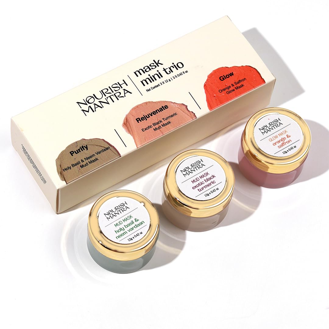 Nourish Mantra mask Mini Trio Face Care Kit | Holy Basil & Neem Vardaan Mud Mask, Exotic Black Turmeric Mud mask, Orange & Saffron Avanda Glow | for Rejuvenated & Glowing Skin (12g each)