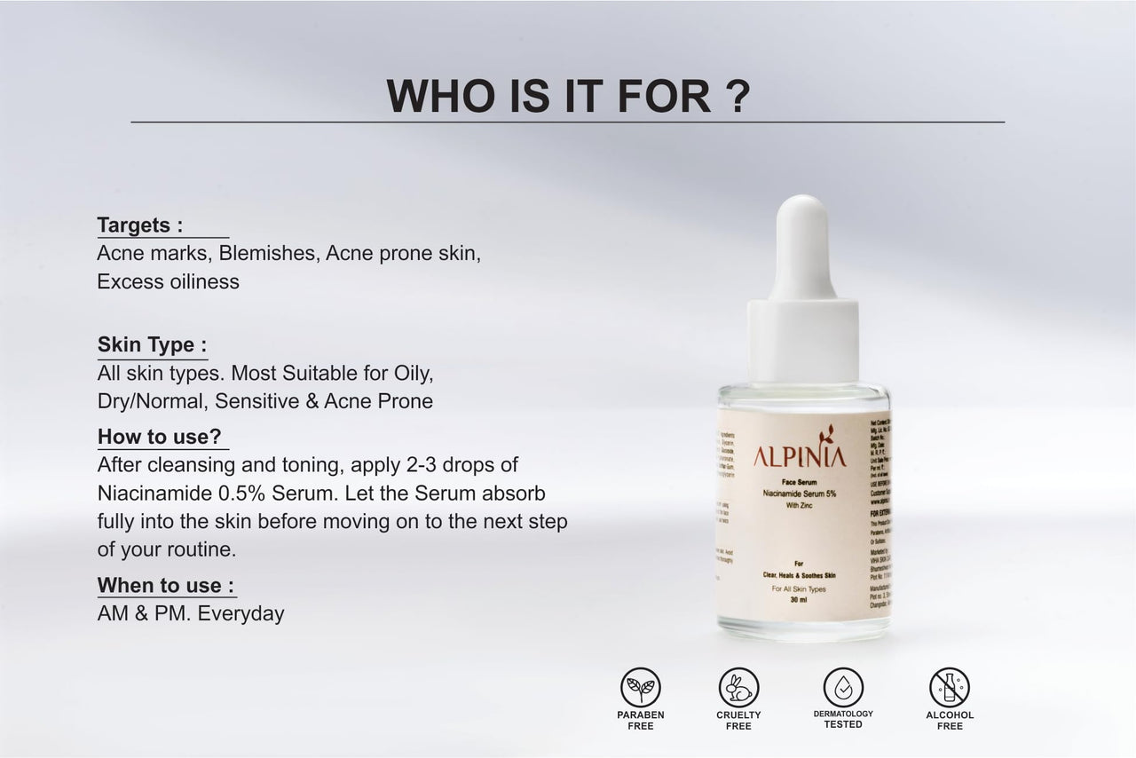 ALPINIA 5% Niacinamide + Zinc Face Serum | Clear glowing Skin Solution for All Skin Types | Heals, Soothes & Restores | Day & Night Serum For Dry & Sensitive Skin | For Men & Women | 30ml